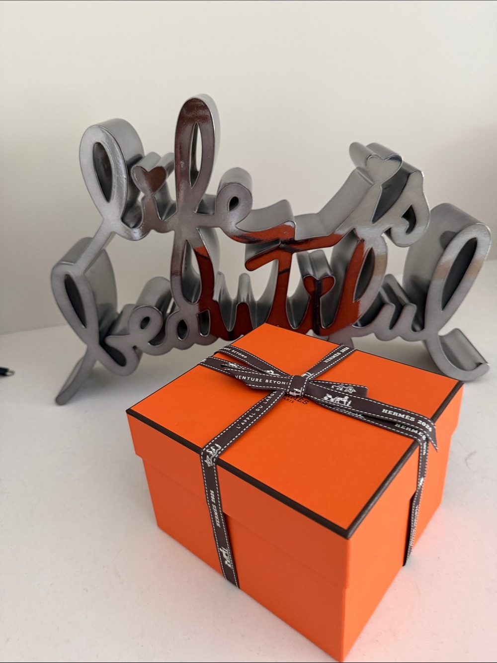 Hermes Orange Gift Box with Brown Ribbon